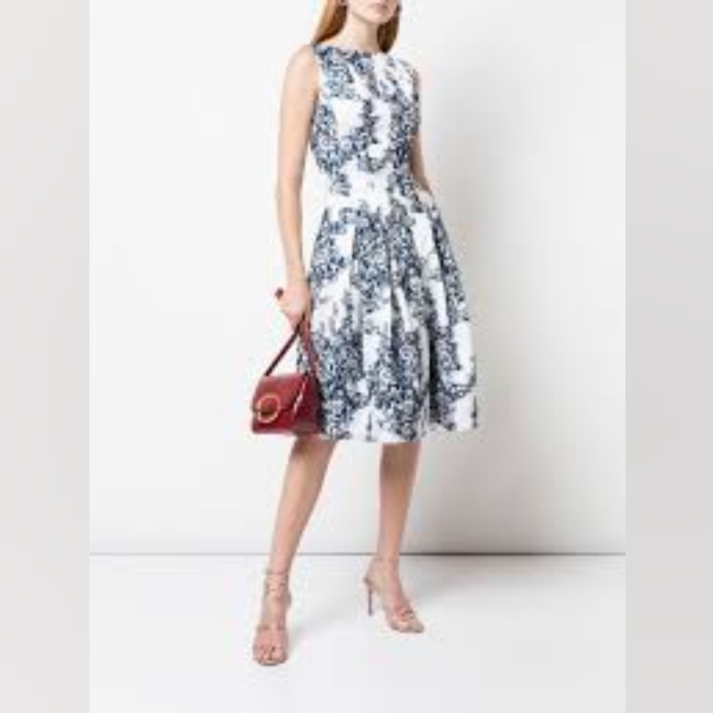 $3,400 NEW OSCAR DE LA RENTA WHITE BLUE FLORAL DAY DRESS US 12